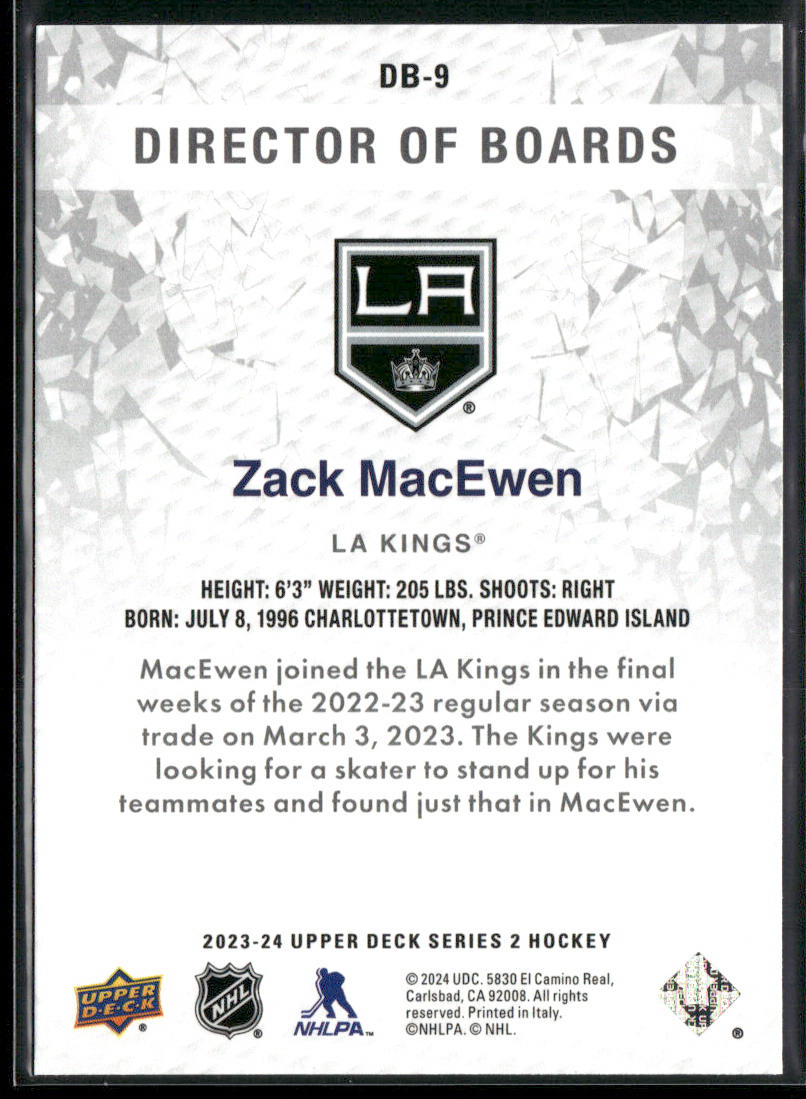 Zack MacEwen 2023-24 Upper Deck Director of Boards #DB-9 Los Angeles Kings