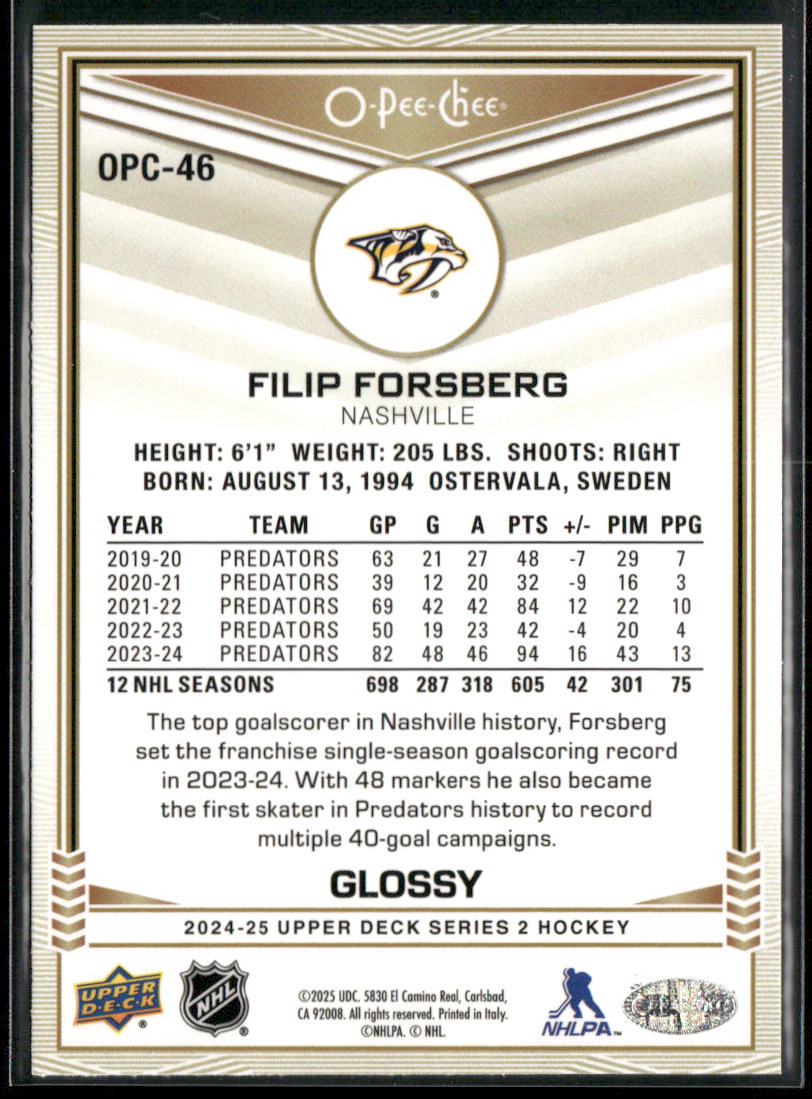 Filip Forsberg 2024-25 Upper Deck O-Pee-Chee Glossy #OPC-46 Nashville Predators