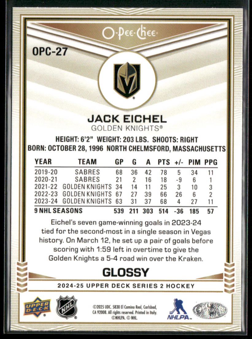 Jack Eichel 2024-25 Upper Deck O-Pee-Chee Glossy #OPC-27 Vegas Golden Knights