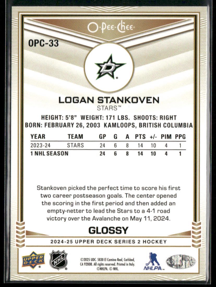 Logan Stankoven 2024-25 Upper Deck O-Pee-Chee Glossy Gold #OPC-33 Dallas Stars