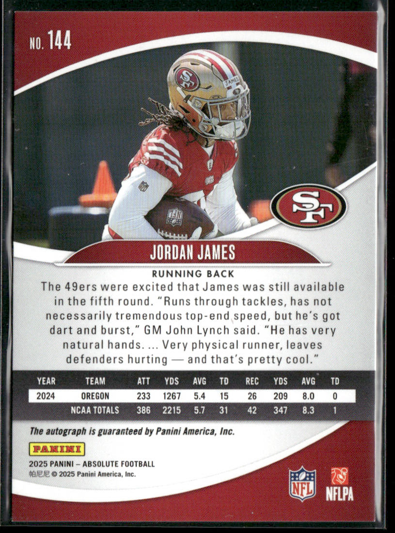 Jordan James 2025 Panini Absolute Signature Rookies #144 RC,AU 49ers