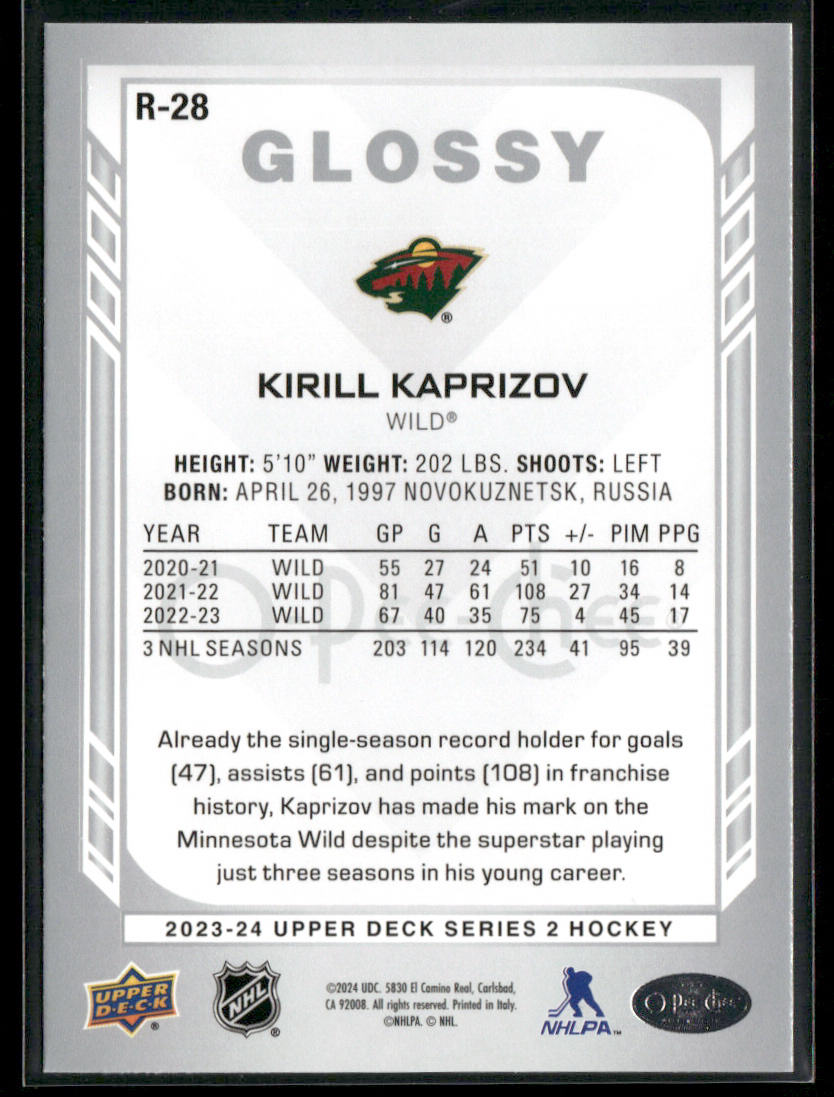 Kirill Kaprizov 2023-24 Upper Deck O-Pee-Chee Glossy #R-28 Minnesota Wild