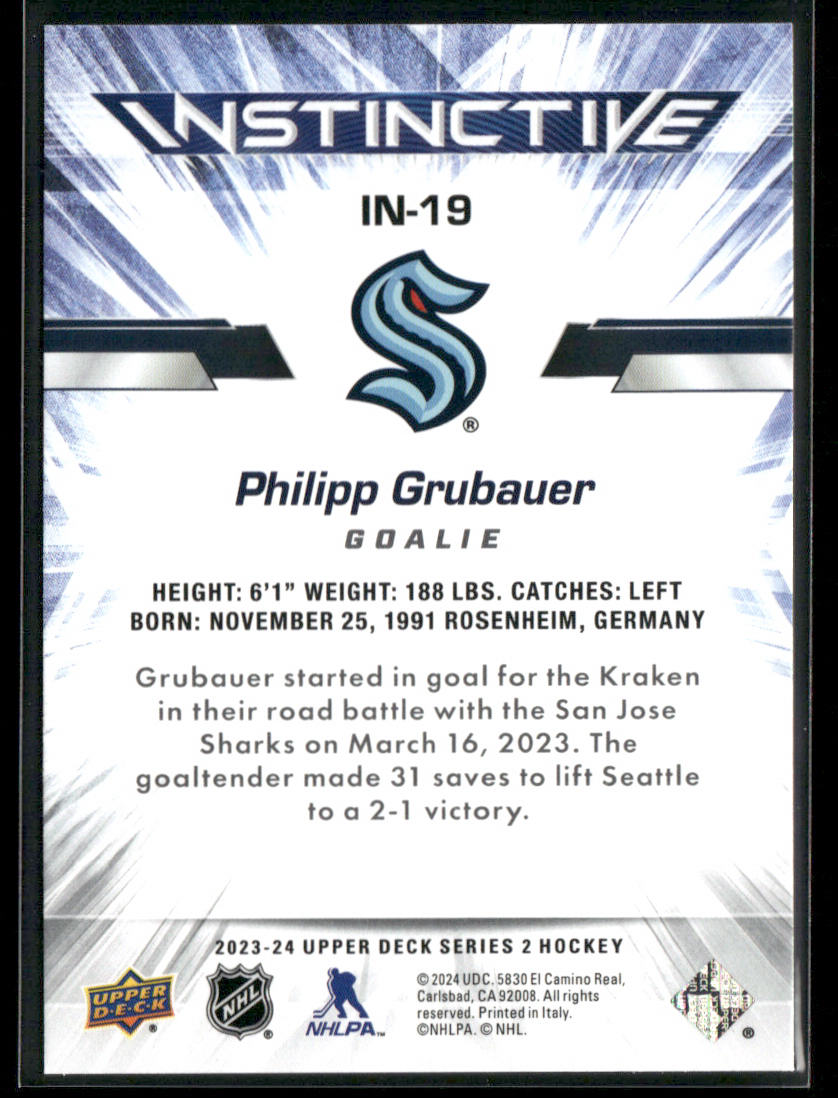 Philipp Grubauer 2023-24 Upper Deck Instinctive #IN-19 Seattle Kraken