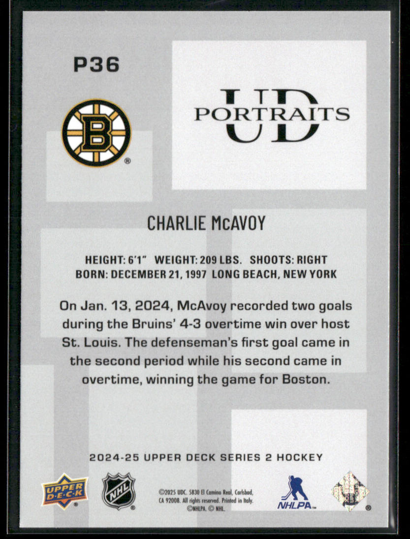 Charlie McAvoy 2024-25 Upper Deck UD Portraits #P36 Boston Bruins back
