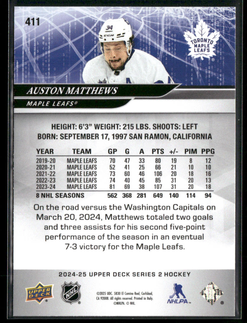 Auston Matthews 2024-25 Upper Deck #411 Toronto Maple Leafs back