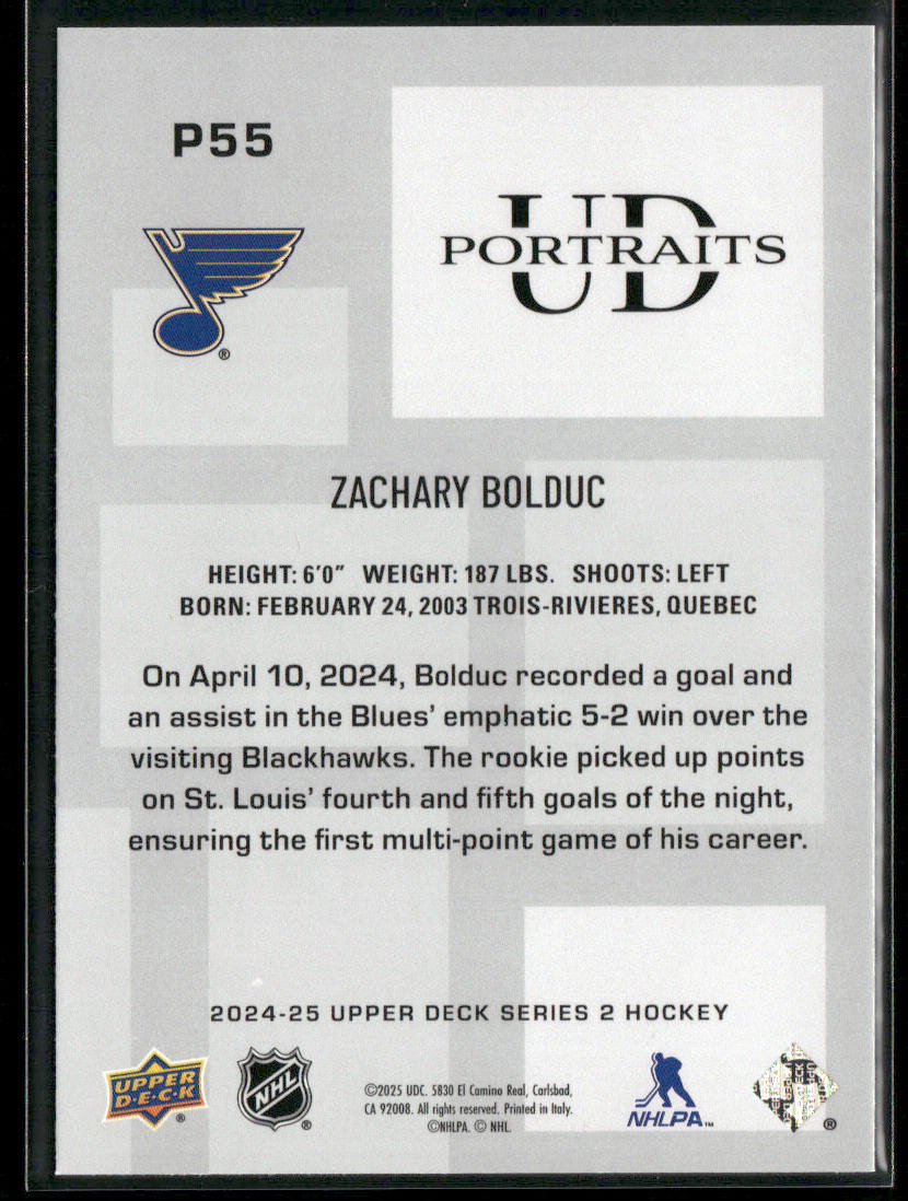 Zachary Bolduc 2024-25 Upper Deck UD Portraits #P55 St. Louis Blues back