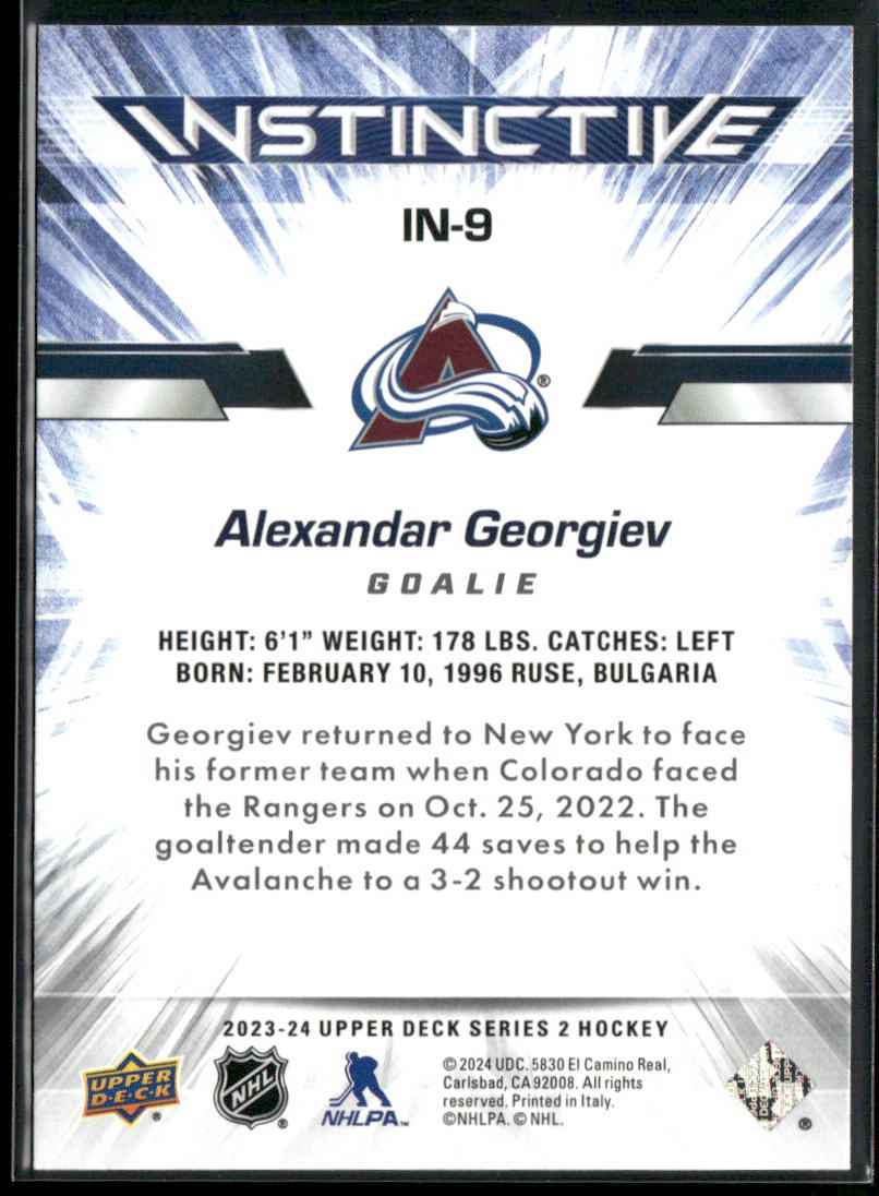 Alexandar Georgiev 2023-24 Upper Deck Instinctive #IN-9 Colorado Avalanche