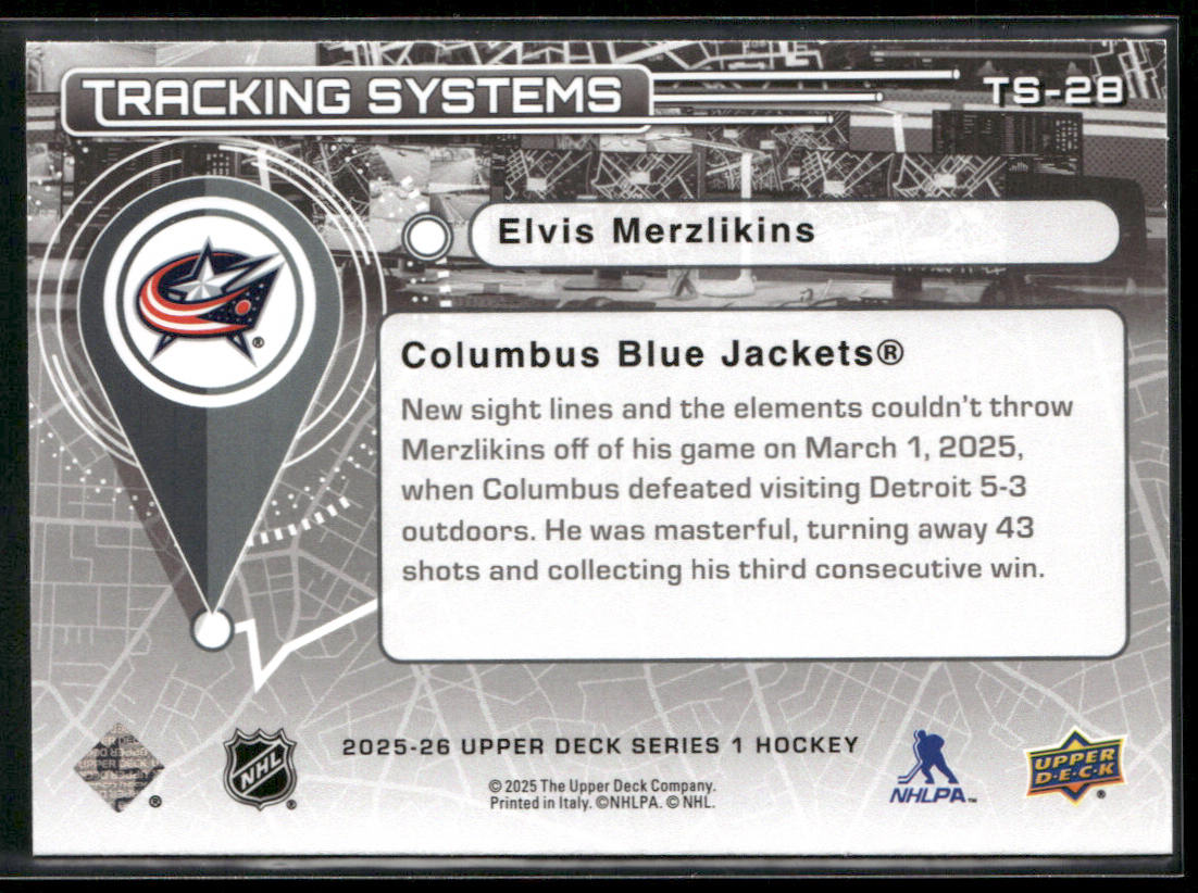 Elvis Merzlikins 2025-26 Upper Deck Tracking Systems #TS-28 Blue Jackets