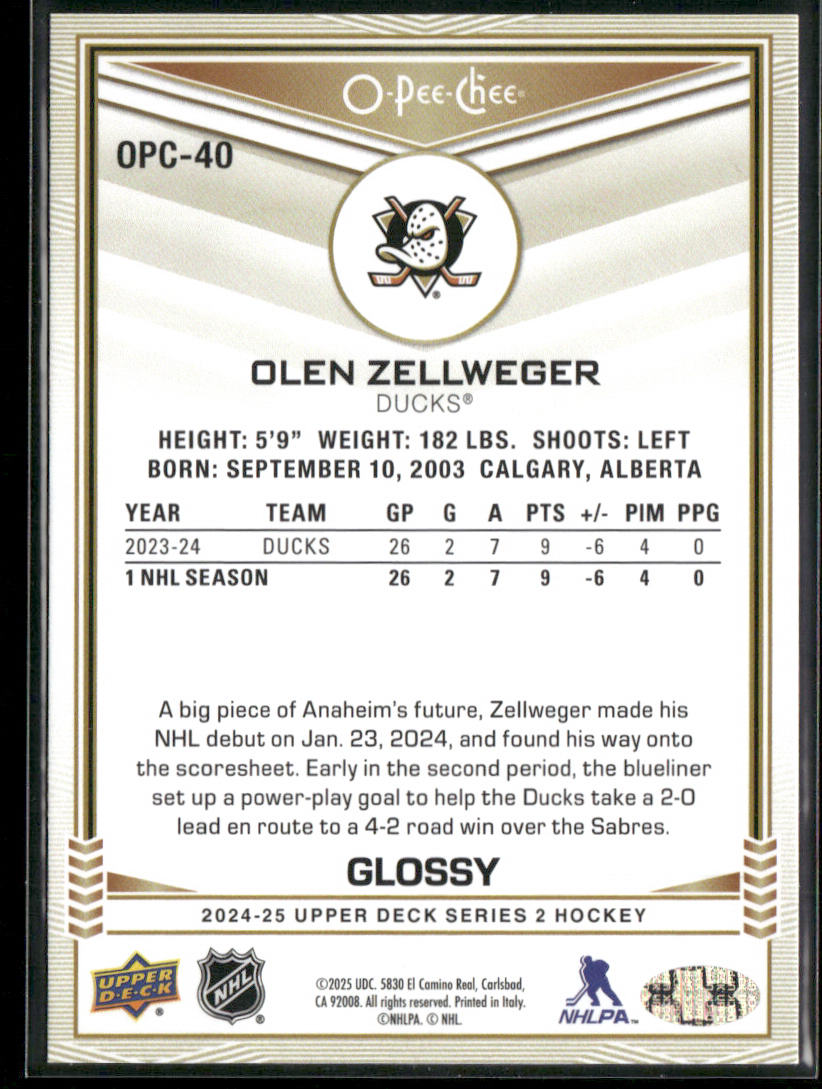 Olen Zellweger 2024-25 Upper Deck O-Pee-Chee Glossy #OPC-40 Anaheim Ducks back