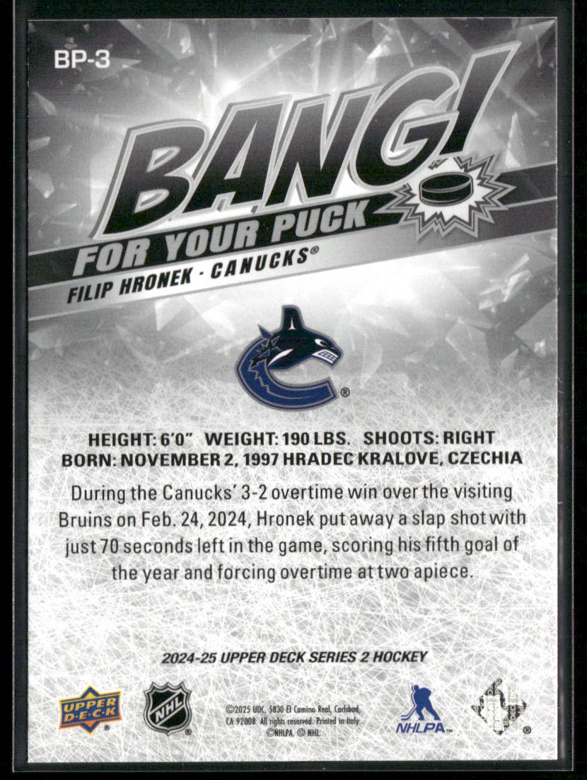 Filip Hronek 2024-25 Upper Deck Bang! For Your Puck #BP-3 Vancouver Canucks back