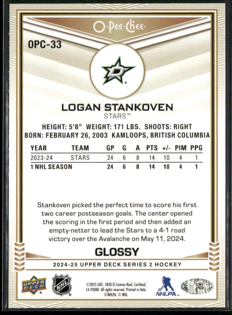 Logan Stankoven 2024-25 Upper Deck O-Pee-Chee Glossy #OPC-33 Dallas Stars