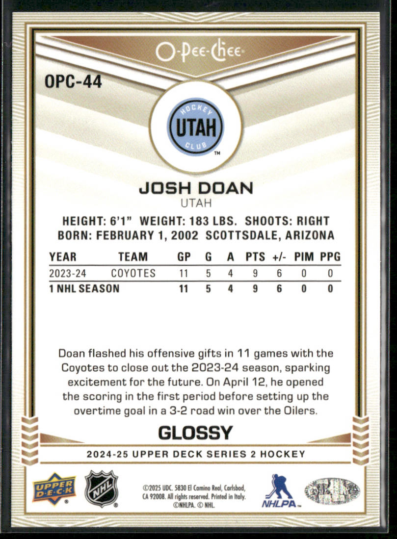 Josh Doan 2024-25 Upper Deck O-Pee-Chee Glossy #OPC-44 Utah Hockey Club back