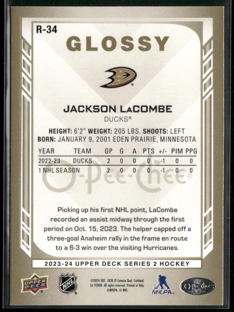 Jackson LaCombe 2023-24 Upper Deck O-Pee-Chee Glossy Gold #R-34 Anaheim Ducks