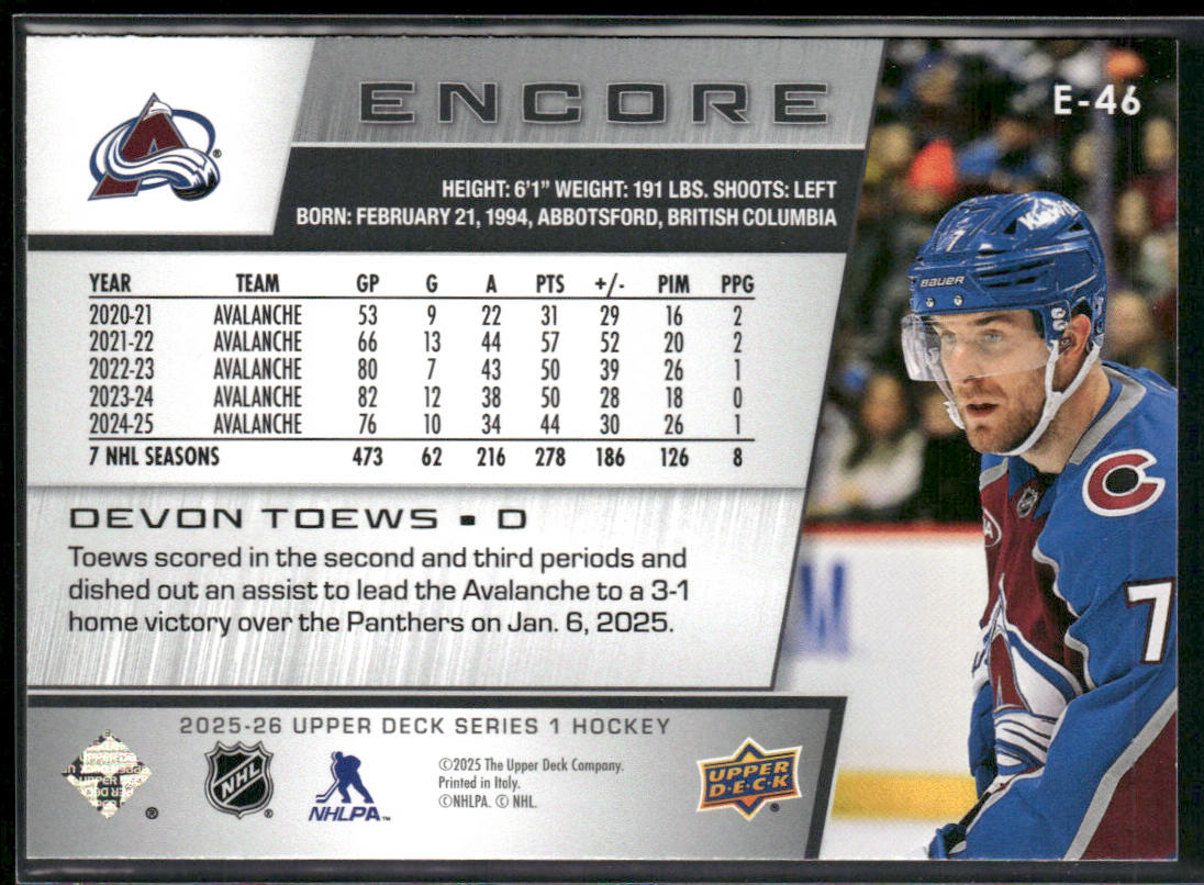 Devon Toews 2025-26 Upper Deck Encore #E-46 Colorado Avalanche
