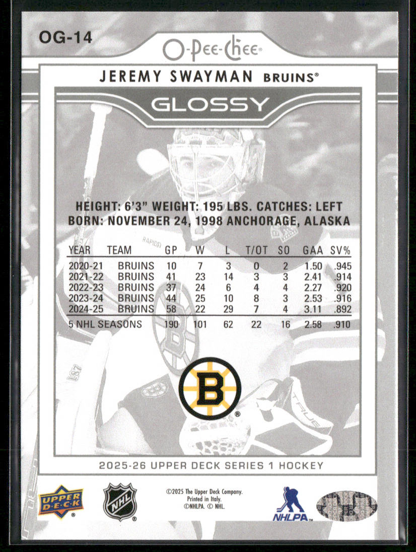 Jeremy Swayman 2025-26 Upper Deck O-Pee-Chee Glossy #OG-14 Boston Bruins