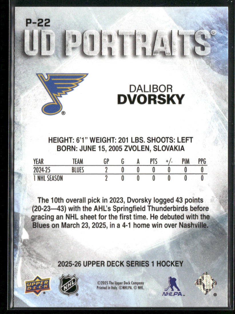 Dalibor Dvorsky 2025-26 Upper Deck UD Portraits #P-22 St. Louis Blues