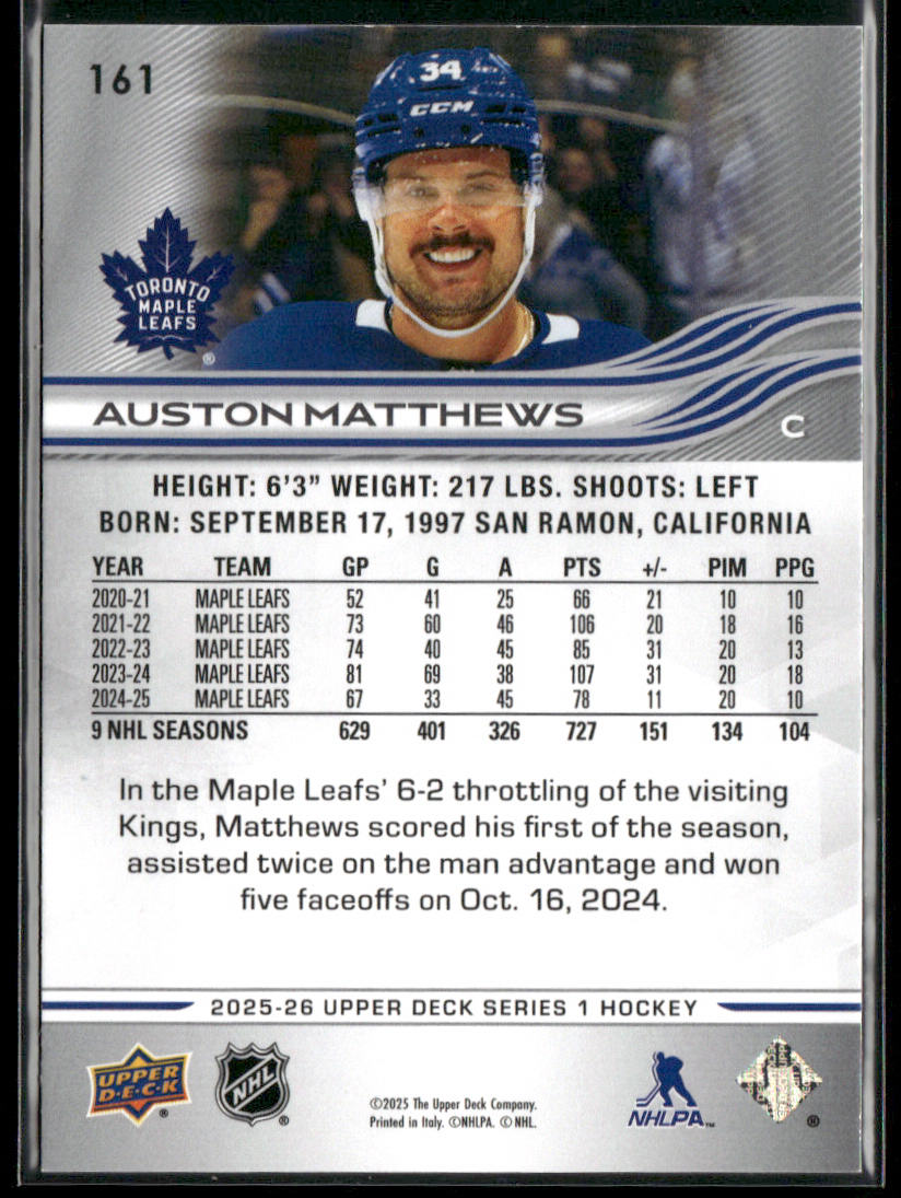 Auston Matthews 2025-26 Upper Deck #161 Toronto Maple Leafs back
