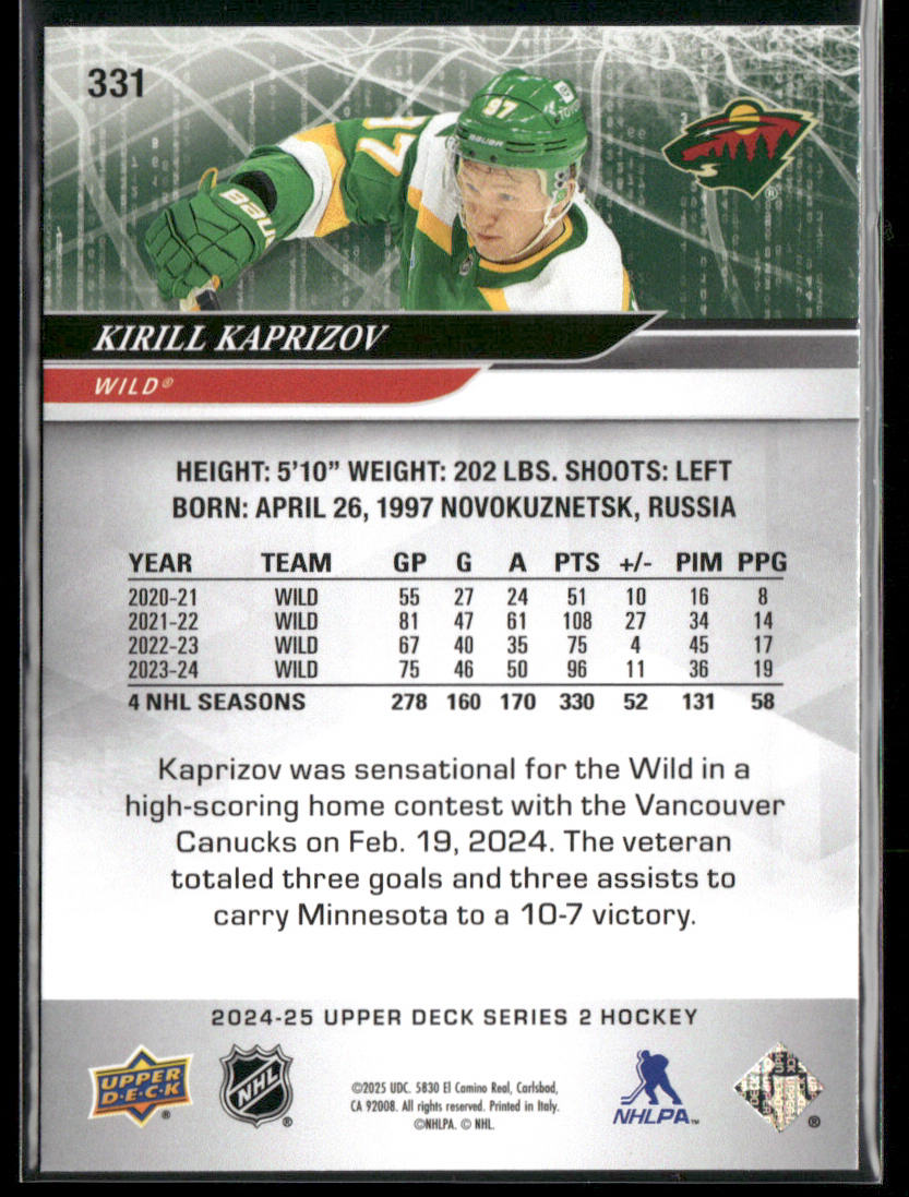 Kirill Kaprizov 2024-25 Upper Deck #331 Minnesota Wild back