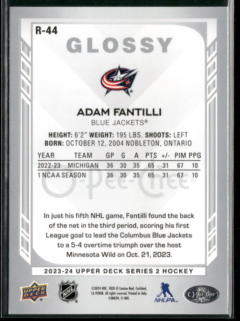 Adam Fantilli 2023-24 Upper Deck O-Pee-Chee Glossy #R-44 Columbus Blue Jackets back