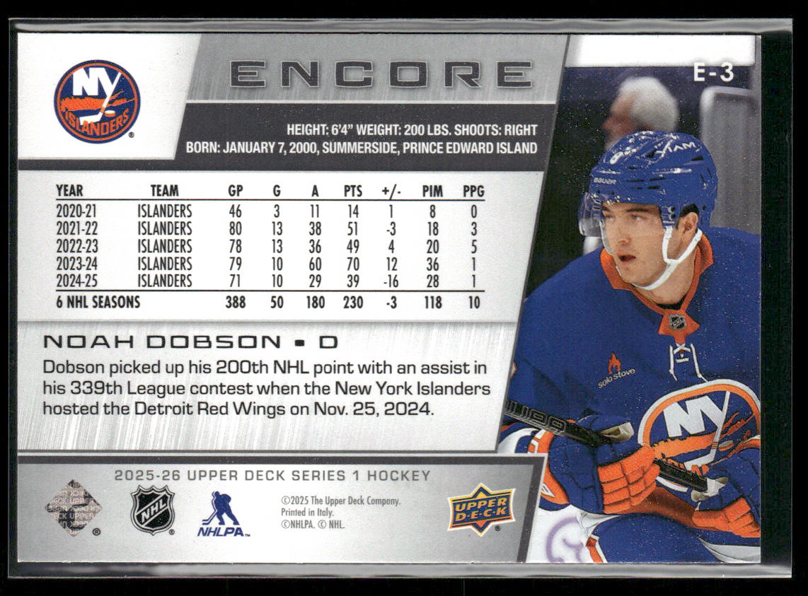 Noah Dobson 2025-26 Upper Deck Encore #E-3 New York Islanders
