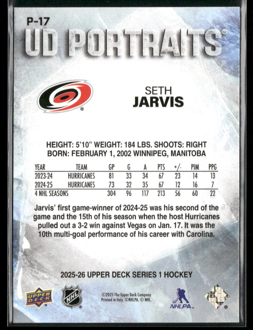 Seth Jarvis 2025-26 Upper Deck UD Portraits #P-17 Carolina Hurricanes