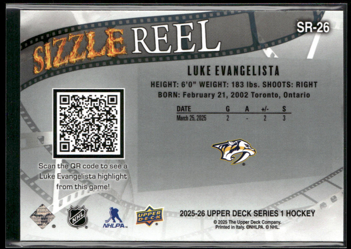 Luke Evangelista 2025-26 Upper Deck Sizzle Reel #SR-26 Nashville Predators
