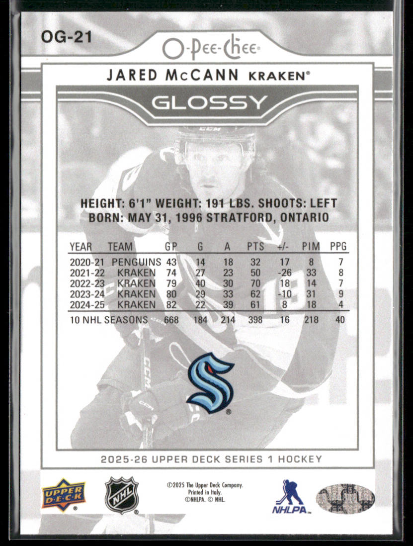 Jared McCann 2025-26 Upper Deck O-Pee-Chee Glossy #OG-21 Seattle Kraken