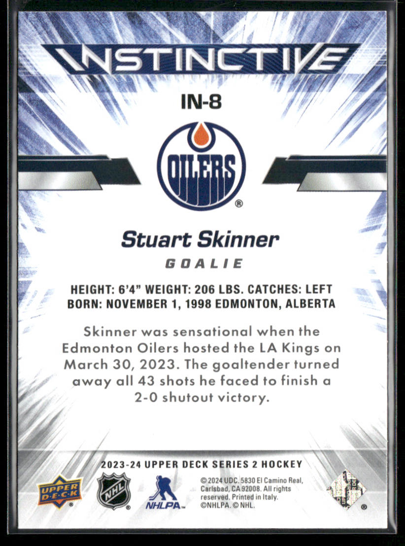Stuart Skinner 2023-24 Upper Deck Instinctive #IN-8 Edmonton Oilers back