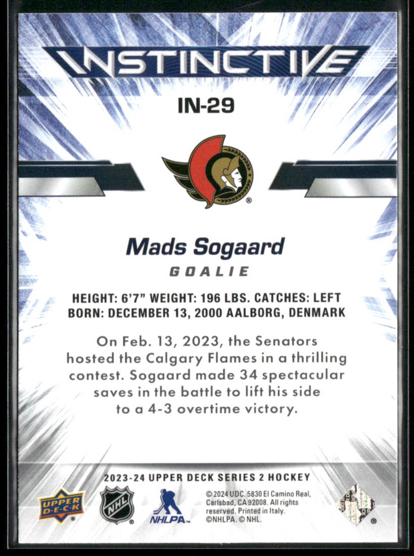 Mads Sogaard 2023-24 Upper Deck Instinctive #IN-29 Ottawa Senators back