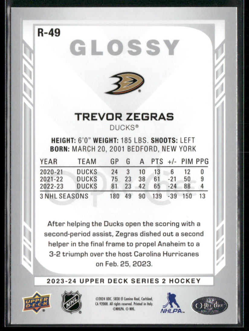 Trevor Zegras 2023-24 Upper Deck O-Pee-Chee Glossy #R-49 Anaheim Ducks