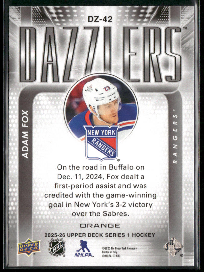 Adam Fox 2025-26 Upper Deck Dazzlers Orange #DZ-42 New York Rangers