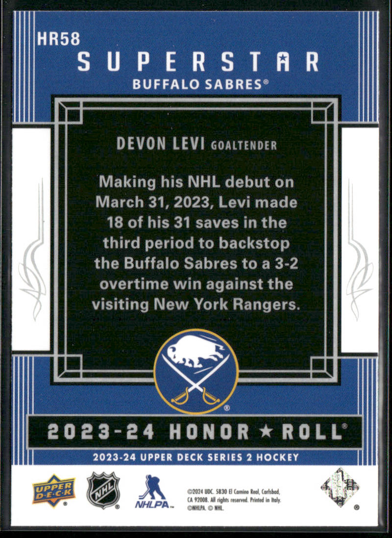 Devon Levi 2023-24 Upper Deck Honor Roll #HR58 Buffalo Sabres back