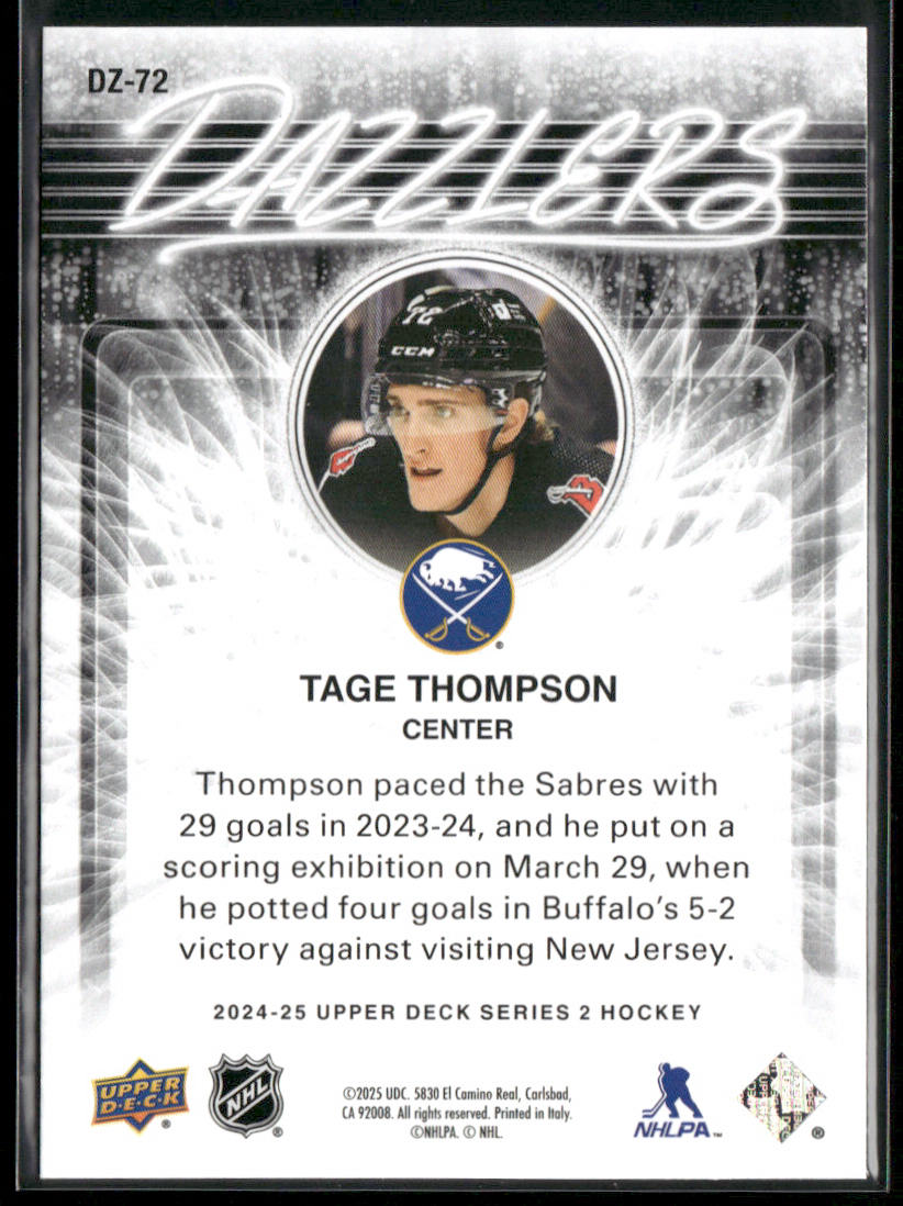 Tage Thompson 2024-25 Upper Deck Dazzlers Orange #DZ-72 Buffalo Sabres back