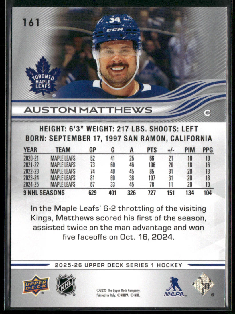 Auston Matthews 2025-26 Upper Deck #161 Toronto Maple Leafs back