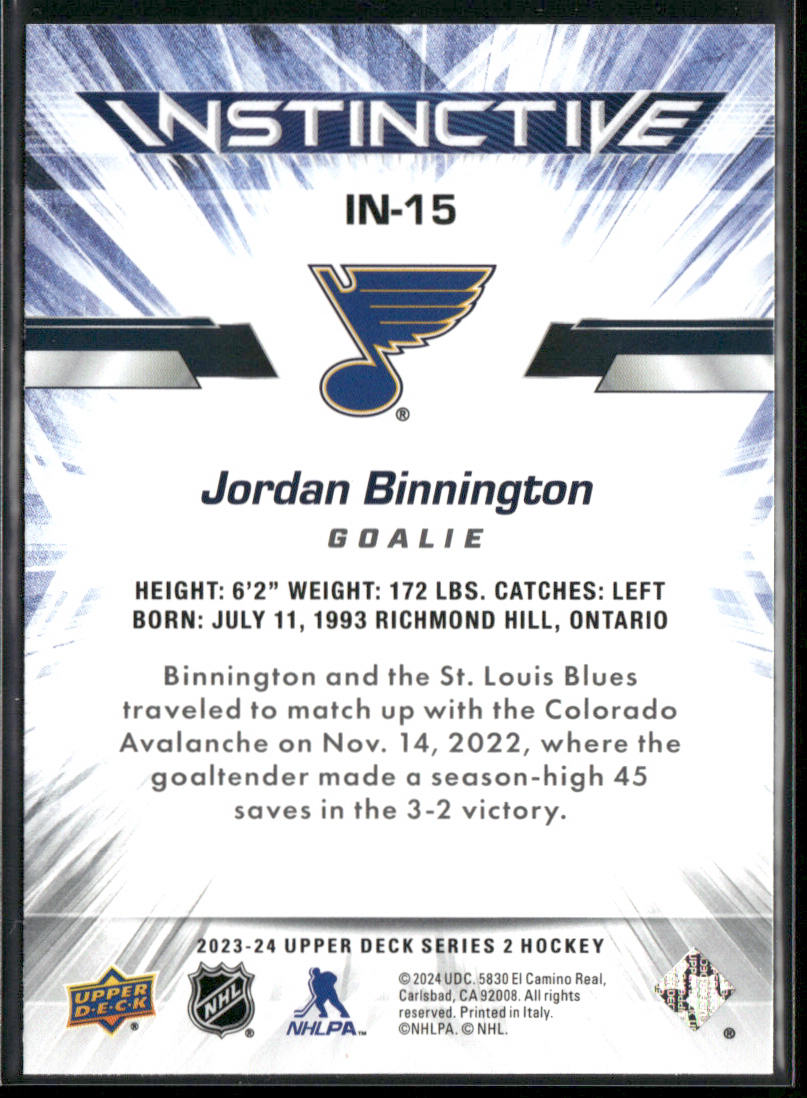 Jordan Binnington 2023-24 Upper Deck Instinctive #IN-15 St. Louis Blues