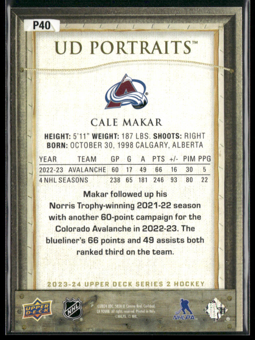 Cale Makar 2023-24 Upper Deck UD Portraits #P40 Colorado Avalanche