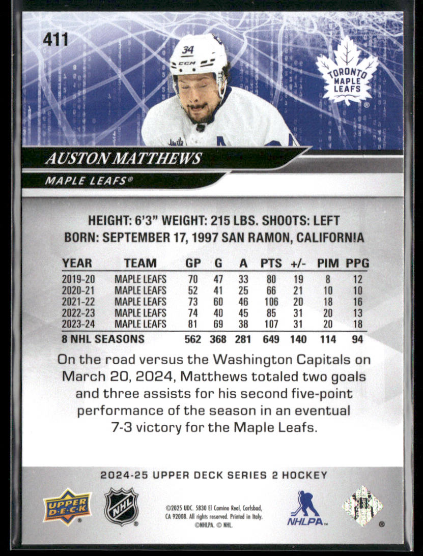 Auston Matthews 2024-25 Upper Deck #411 Toronto Maple Leafs back
