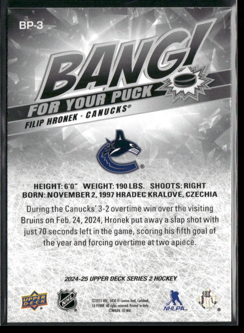 Filip Hronek 2024-25 Upper Deck Bang! For Your Puck #BP-3 Vancouver Canucks back