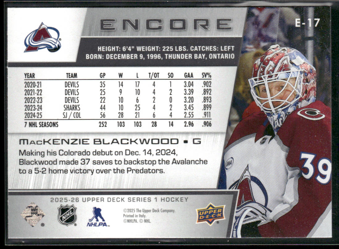Mackenzie Blackwood 2025-26 Upper Deck Encore #E-17 Colorado Avalanche