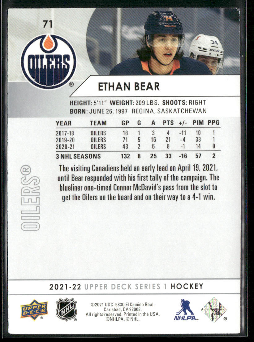 Ethan Bear 2021-22 Upper Deck #71 Edmonton Oilers