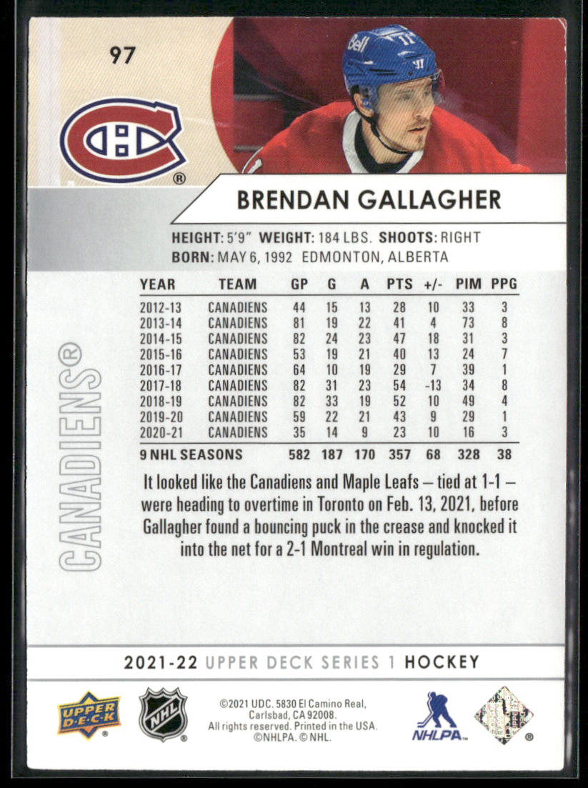 Brendan Gallagher 2021-22 Upper Deck #97 Montreal Canadiens
