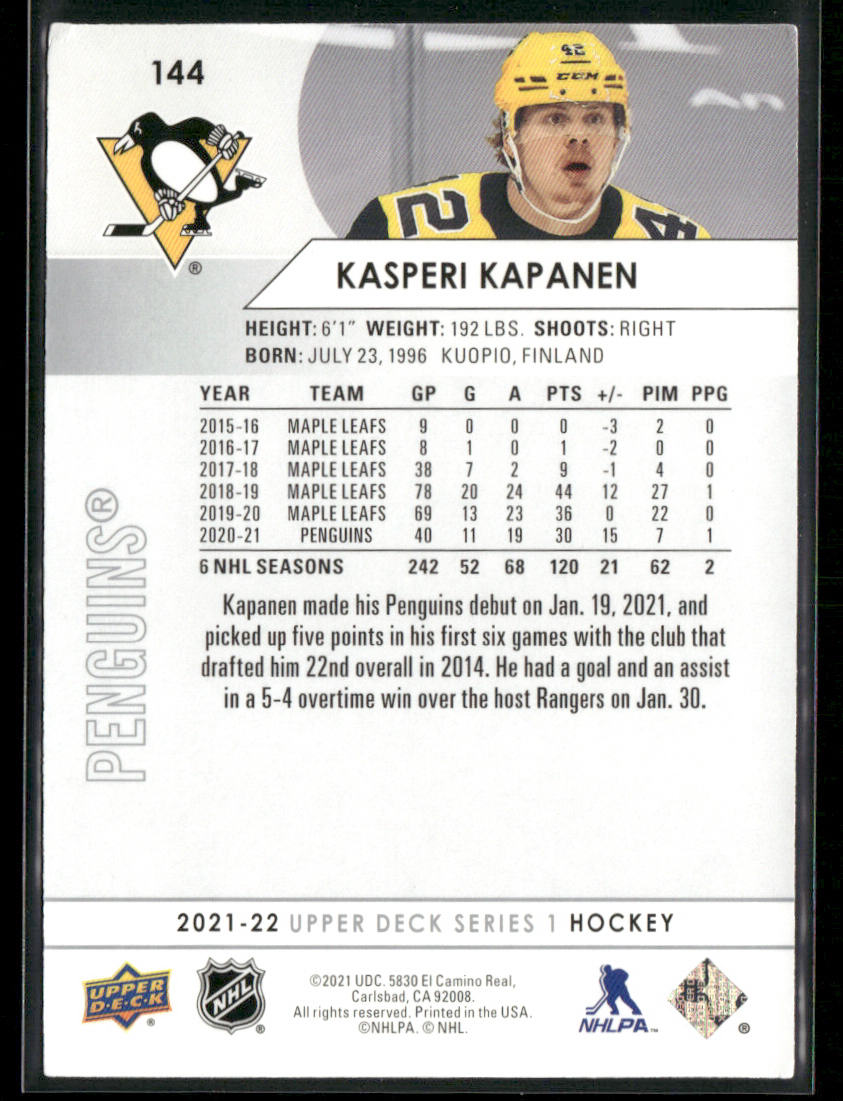 Kasperi Kapanen 2021-22 Upper Deck #144 Pittsburgh Penguins
