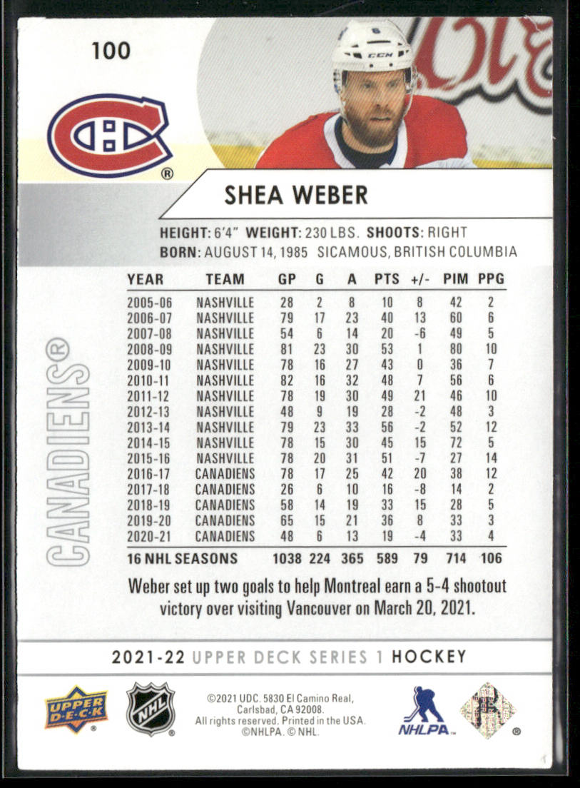 Shea Weber 2021-22 Upper Deck #100 Montreal Canadiens