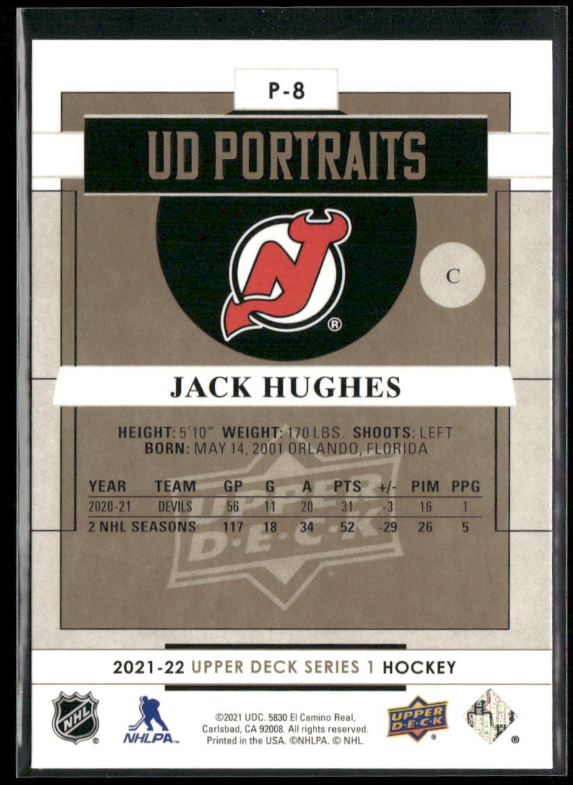 Jack Hughes 2021-22 Upper Deck UD Portraits #P-8 New Jersey Devils
