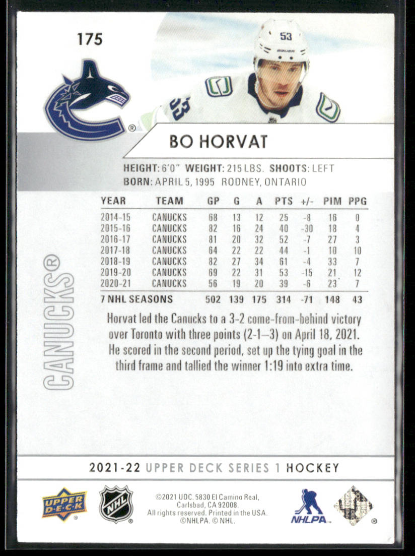 Bo Horvat 2021-22 Upper Deck #175 Vancouver Canucks