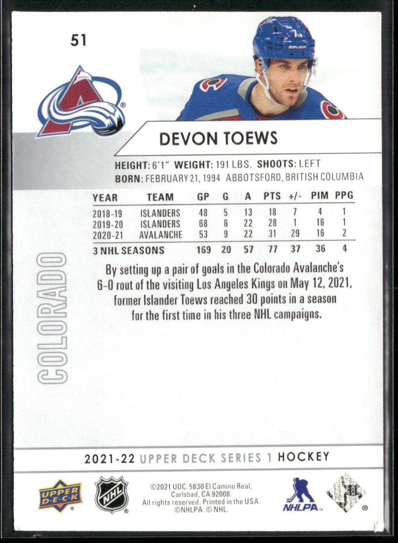 Devon Toews 2021-22 Upper Deck #51 Colorado Avalanche