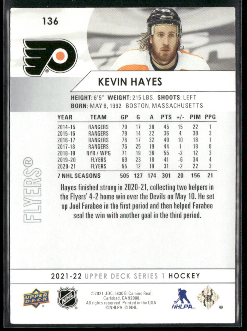 Kevin Hayes 2021-22 Upper Deck #136 Philadelphia Flyers