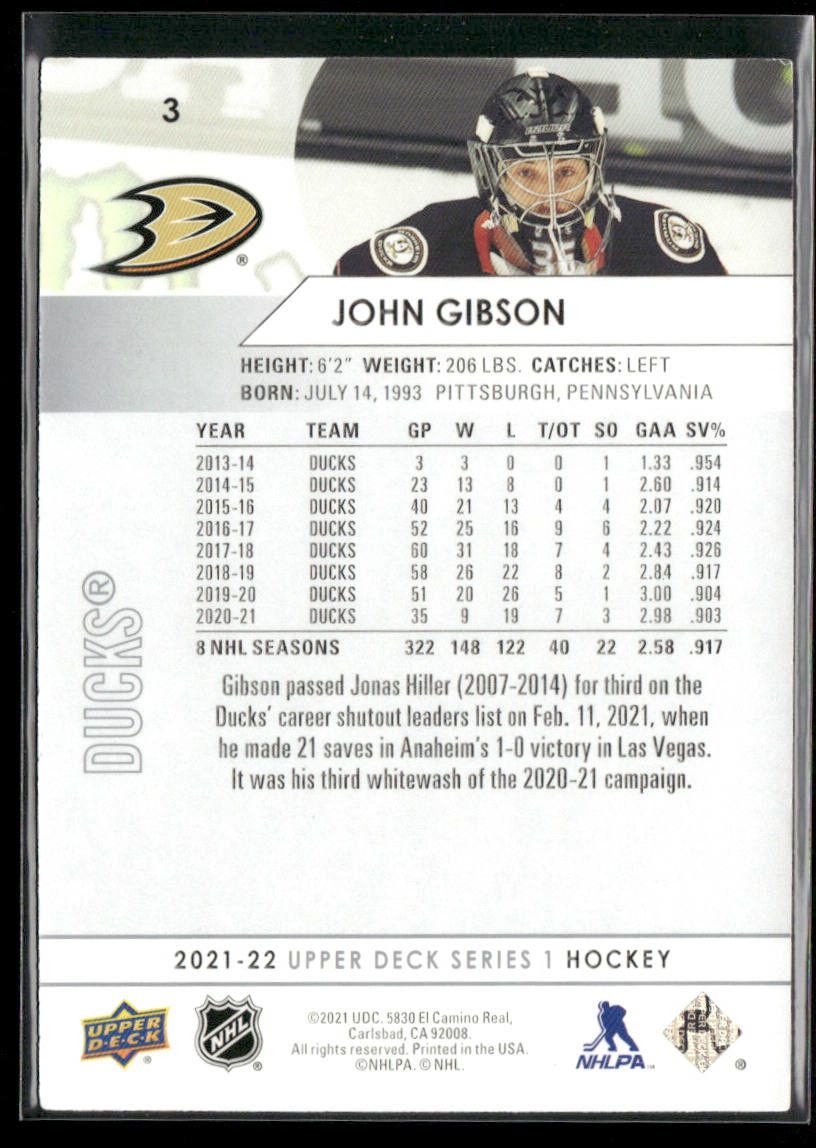 John Gibson 2021-22 Upper Deck #3 Anaheim Ducks