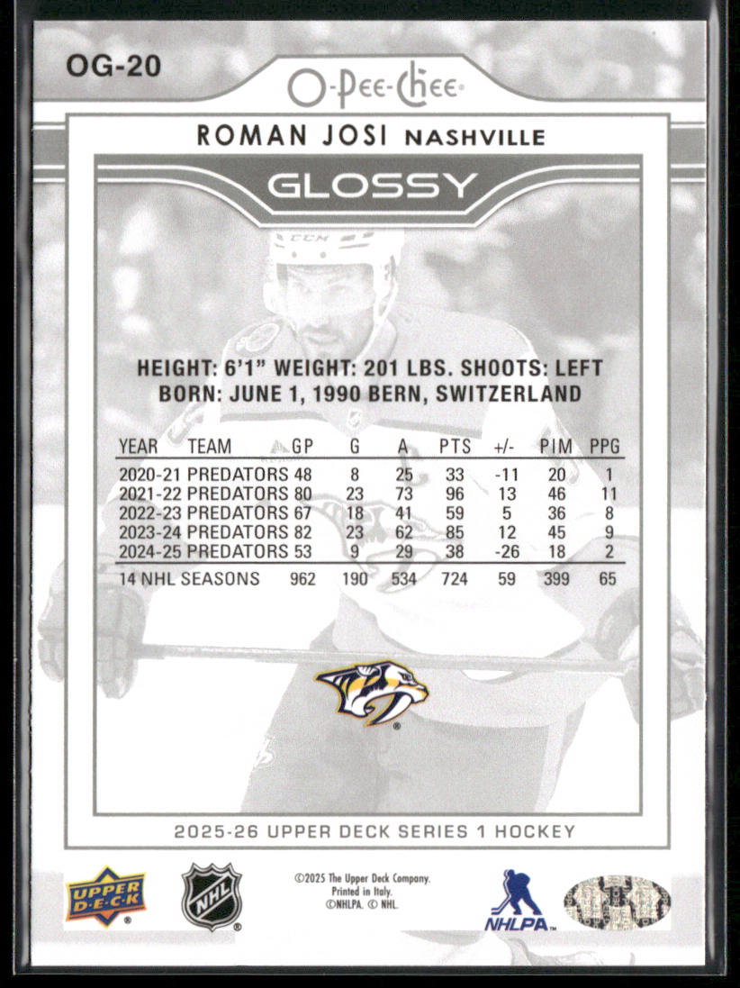 Roman Josi 2025-26 Upper Deck O-Pee-Chee Glossy #OG-20 Nashville Predators