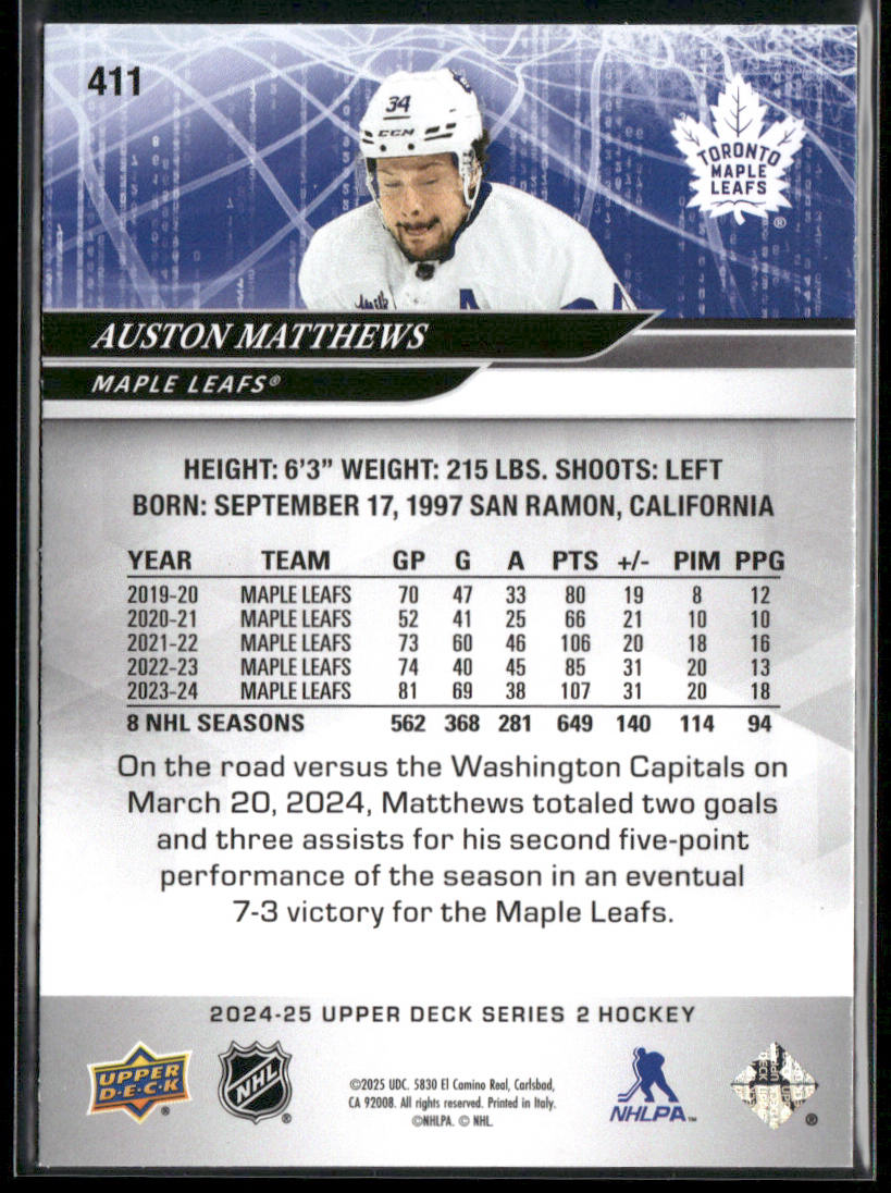 Auston Matthews 2024-25 Upper Deck #411 Toronto Maple Leafs back